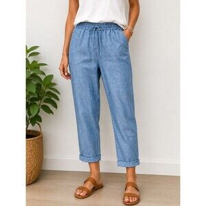 J.Crew Chambray Pants Women’s 4 Blue Elastic Waist Cropped Cotton Casual Coastal